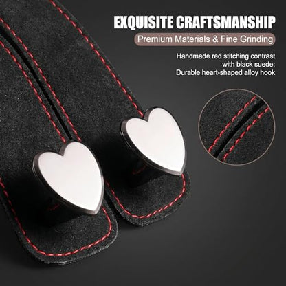 2 PCS Car Seat Headrest Hook, Suede Heart Shape Metal Double Hook, Foldable Car Purse Hook with Phone Holder, Universal for Most Cars, Trucks, SUVs (Black) 中文：