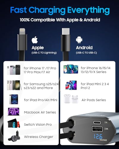 Retractable Car Charger 4 in 1 USB C Phone Fast Charging Car Charger