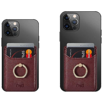 Phone Card Holder with Ring Grip for Back of Phone,Adhesive Stick-on Credit Card Wallet Pocket for iPhone,Android and Smartphones (Wine) - color: Wine