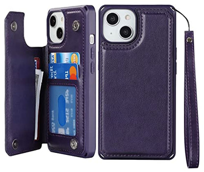 iCoverCase Compatible with iPhone 14 Wallet Phone Case with Card Holder for Women, RFID Blocking Embossed PU Leather Wrist Strap Case 6.1 Inch (Macaron Dark Purple) - color: P-Dark Purple