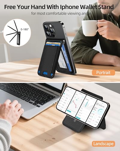 for MagSafe Wallet with Money Clip, ID Window & 8 Card Holder | Stronger Magnetic Wallet for iPhone 17/16/15/14/13/12 Series, RFID Blocking, for iPhone Wallet with Adjustable Stand - color: Carbon Fiber Black