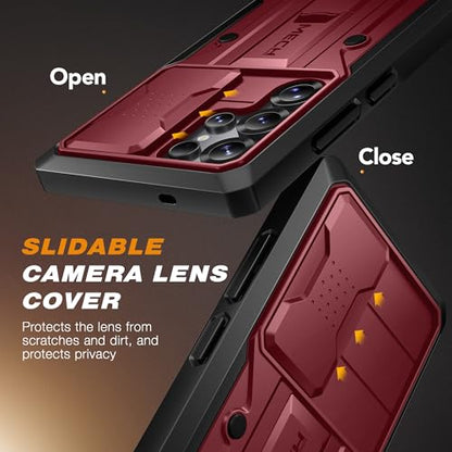 TONGATE for Samsung Galaxy S24 Ultra Case, 2 Front Frames & Stand, Maroon | Built-in Slide Camera Cover & Screen Protector, Military Grade Shockproof S24 Ultra Phone Case with Kickstand & Belt-Clip - color: Maroon