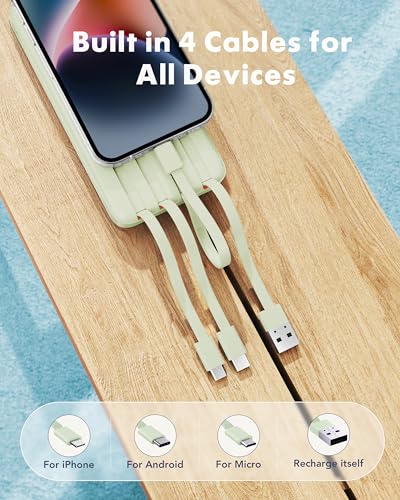 charmast Portable Charger Built-in Cables, 20000mAh Power Bank 6-Output | Travel Fast Charging Battery Pack for iPhone 17/16/15 Samsung Android, Flight-Approved, Multi-Device, USB-C & USB-A, LED % - color: MGreen