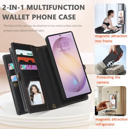 for Samsumg Galaxy S25 Ultra Wallet Case, Detachable Magnetic Shockproof Phone Case,Faux Leather Crossbody Wallet,with RFID Blocking，Zipper Card Holder，Shoulder Strap (Black) - color: Black, size: Samsumg Galaxy S25 Ultra