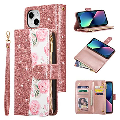 UEEBAI Wallet Case for iPhone 13 - PU Leather Magnetic Closure Handbag With Zipper Pocket, Kickstand, Card Slots and Hand Strap - Bling Rose Gold Flip for Women - color: Bling Rose Gold