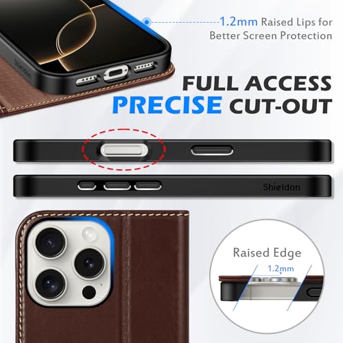 SHIELDON Genuine Leather Wallet Case for iPhone 16 Pro Max, Retro Coffee | Magnetic Closure, RFID Blocking, Credit Card Holder, Viewing Stand, Folio Design, Shockproof Protective Cover - color: Retro Coffee