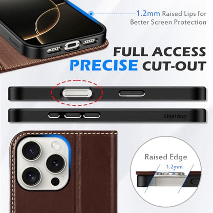 SHIELDON Genuine Leather Wallet Case for iPhone 16 Pro Max, Retro Coffee | Magnetic Closure, RFID Blocking, Credit Card Holder, Viewing Stand, Folio Design, Shockproof Protective Cover - color: Retro Coffee