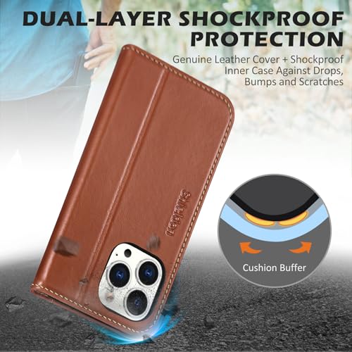 SHIELDON Genuine Leather Case Wallet for iPhone 15 Pro Max, Retro Brown | Magnetic Closure, RFID Blocking, Credit Card Slot, Kickstand, Flip Book Design, Shockproof TPU Phone Cover - color: Retro Brown