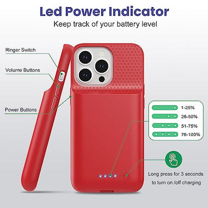 Feob Battery Case for iPhone 13/13 Pro/14,[2025 Upgraded] 7500 mAh Ultra-Slim Portable Extended Charger Cover for iPhone 13/13 Pro/14 Charging Case (6.1 Inch)-Red - color: Red