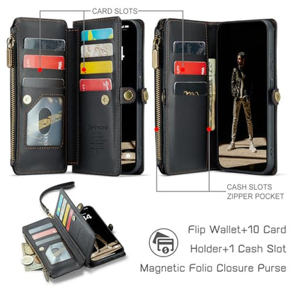 Defencase for Samsung Galaxy A15 5G Wallet Case with Card Holder, Black | Durable Soft PU Leather, with RFID Blocking Zipper Pocket & Wrist Strap, Flip Phone Cases Cover with Stand for Women and Men - color: Black