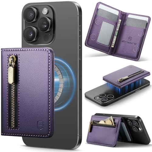 Strapurs Magnetic Card Holder Compatible with MagSafe Phones and Cases, PU Leather Phone Wallet for iPhone 17/16/15/14/13/12/Pro/Max/Plus/Air, 4 Card Slots RFID Blocking with Zipper Pocket - Purple - color: Purple