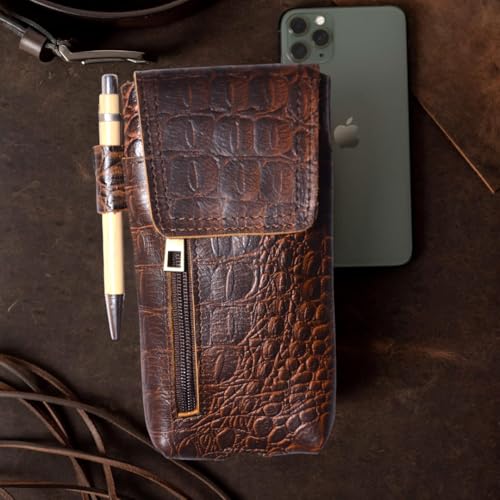 Leather Phone Holster Pouch for iPhone 16, 16 Pro,15 Pro 14, 14 Pro, 13 Pro, 13, 12 Pro, 12, Xs, X,11,Cell Phone Case with Belt Clip [Magnetic Closure] ID Card Holder Pouch(Fits Otterbox Case) - color: Croco Brown