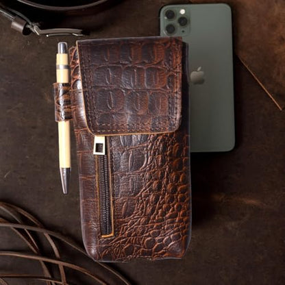 Leather Phone Holster Pouch for iPhone 16, 16 Pro,15 Pro 14, 14 Pro, 13 Pro, 13, 12 Pro, 12, Xs, X,11,Cell Phone Case with Belt Clip [Magnetic Closure] ID Card Holder Pouch(Fits Otterbox Case) - color: Croco Brown