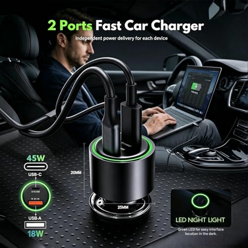 63W Super Fast Car Phone Charger and 4FT Cable for Samsung Galaxy A57 5G A27 A37 A17 A56 A36 A26 A16 S22 Ultra/S21 Plus/S21 FE S20 A54 A34 Dual Port(USB C 45W+QC 18W) Adapter Cigarette Lighter Plug