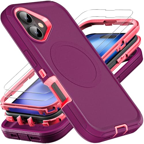 YKHJKLEC for iPhone 16 Case, Compatible with Magsafe, Military Grade 3 in 1 Heavy Duty Shockproof/Drop Proof/Dust Proof Case with 2Pcs Tempered Glass Screen Protector (New-Purple/Pink) - color: New-Purple/Pink