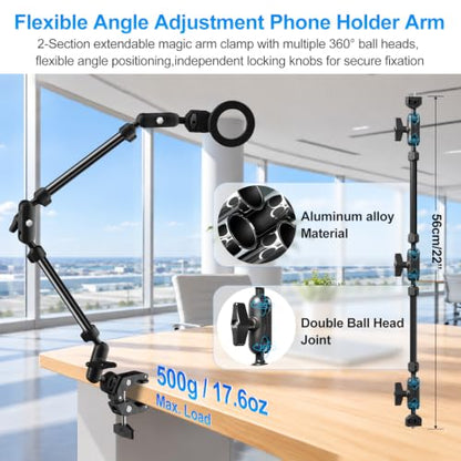 Desk Camera Mount Clamp Magic Arm Kit with Cable Clip for MagSafe for iPhone, Magnetic Overhead Phone Mount, 22" Adjustable Camera Boom Arm with Secure Grip for Smartphone Webcam Action Camera Mic - size: MS09