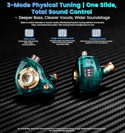 Wired Gaming Earbuds with Mic, 11mm Dynamic Driver HiFi in Ear Monitors, 3-Way Adjustable Tuning Switch Detachable Cable IEM Earphones, Deep Bass Noise Isolating Headphones for Musician Game PC Laptop - color: Green