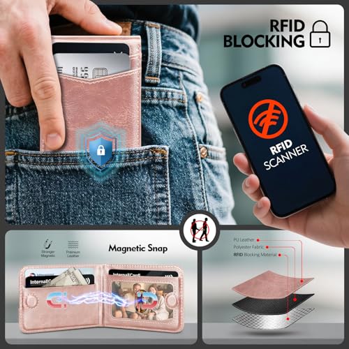 RFID Blocking MagSafe Wallet Stand with Card Holder,5 Card Slots & ID Window,PU Leather Magnetic Phone Adjustable Kickstand for iPhone 12/13/14/15/16/17 Pro Max & Air Plus Series,Rose Gold - color: Rose Gold, style: Stand Wallet