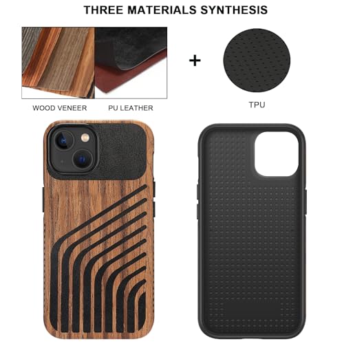 TENDLIN Compatible with iPhone 13 Case Wood Grain with Carbon Fiber Texture Design Leather Hybrid Slim Case (Hairline) - color: Hairline