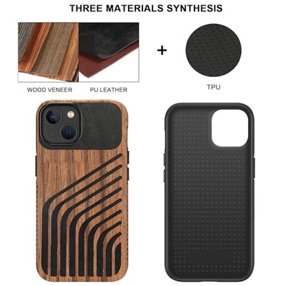 TENDLIN Compatible with iPhone 13 Case Wood Grain with Carbon Fiber Texture Design Leather Hybrid Slim Case (Hairline) - color: Hairline