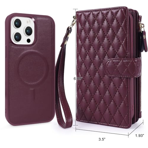 for iPhone 14 Pro Max Case Wallet,Compatible with MagSafe 2 in 1 Magnetic Detachable PU Leather RFID Blocking Wallet Cover Card Holder Zipper Wrist Strap Lanyard,Quilted Wine Red - color: Quilted Wine Red, size: iPhone 14 Pro Max