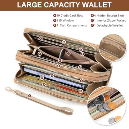 yiijay Womens Wallet RFID Blocking Large Capacity Vegan Leather Double Zip Wristlet Wallet Card Holder Travel Ladies Clutch - color: Khaki