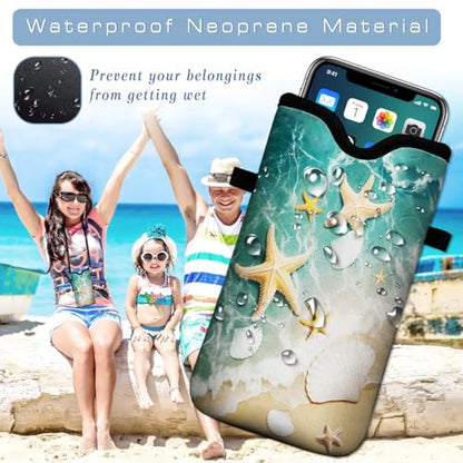 Universal Neoprene Cell Phone Pouch 7.1 X 4 in Mobile Protection Case Bag with Crossbody Strap/Neck Lanyard Beach Starfish Shells - color: Beach Starfish Shells
