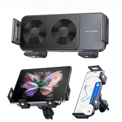 15W Dual Coil Fold Screen Car Wireless Charger for Samsung Galaxy Z Fold 7 6 5 4 S24 Flip Series iPhone 17 16 15 14 13 12 Pro Max Phone Holder Stand Mount (Standard(NO Sucker))