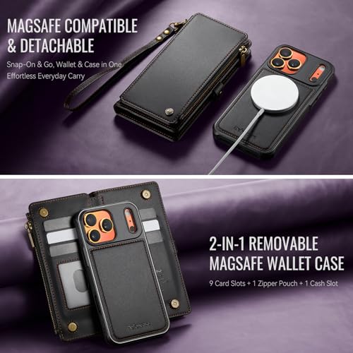 Defencase for iPhone 17 Pro Max Case Wallet Compatible with Magsafe, Black | Drop-Proof Magnetic Detachable Phone Cases Cover, with RFID Bolcking Card Holder, Zipper Strap, PU Leather, Removable Wallet - color: (Detachable with Magsafe)-Black