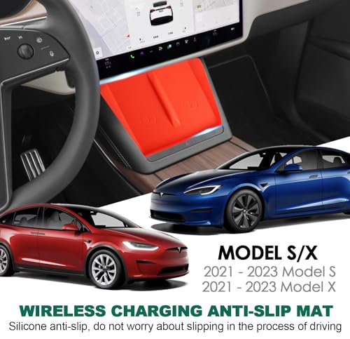 Center Console Wireless Charging Silicone Mat Compatible with Tesla Model X Model S 2023 2022 2021 Accessories Waterproof Cover Interior Pad Non-Slip Mats Phone Tray Upgrade (Red)