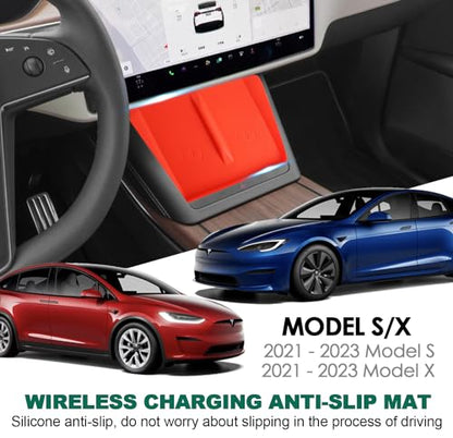 Center Console Wireless Charging Silicone Mat Compatible with Tesla Model X Model S 2023 2022 2021 Accessories Waterproof Cover Interior Pad Non-Slip Mats Phone Tray Upgrade (Red)