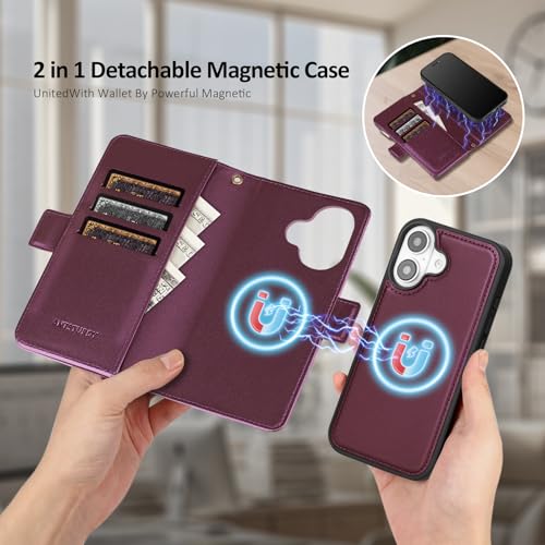 Antsturdy Compatible with MagSafe iPhone 17 Wallet Case,Wine Red | Detachable Magnetic Credit Card Holder,RFID Blocking,PU Leather Zipper Purse,Wrist Strap Kickstand,Flip Phone Cover for Women - color: (Detachable with Magsafe)-Wine Red