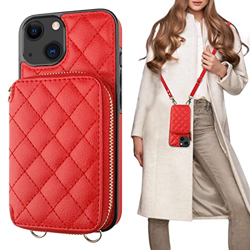 Bocasal Crossbody Wallet Case Card Holder for iPhone 13, Red | RFID Blocking PU Leather Zipper Handbag Purse, Kickstand Flip Folio Case with Card Slots Holder Wrist Strap Lanyard 6.1 Inch - color: Red