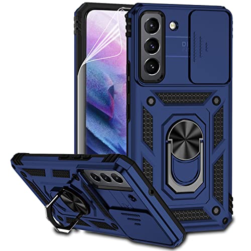 for Samsung Galaxy S22 Case with Camera Lens Cover HD Screen Protector, Dual Layer Military-Grade Drop Tested Magnetic Ring Holder Kickstand Protective Phone Case for Samsung Galaxy S22 5G (Navy Blue) - color: Navy Blue with camera cover Military-Grade 2n