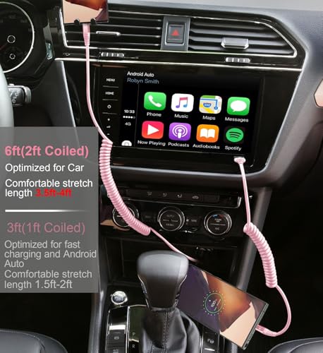USB C to C Cable 6FT, 2Pack Coiled USB C Fast Charging Cable for CarPlay - color: Pink, size: 6FT