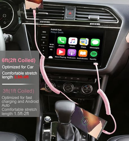 USB C to C Cable 6FT, 2Pack Coiled USB C Fast Charging Cable for CarPlay - color: Pink, size: 6FT