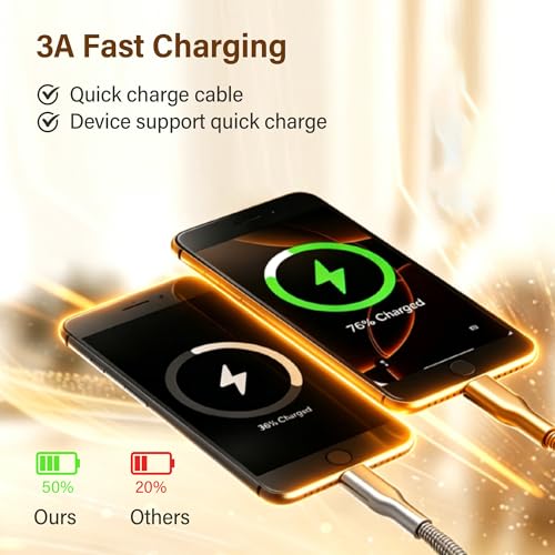 6.6FT Chew Proof USB to Lightning Cable, Pet Proof iPhone Charging Cord, MFi Certified Fast Charging Lightning Cable, Metal Braided iPhone Charger Cable for iPhone 14/13/12/11/XS/XR, Orange
