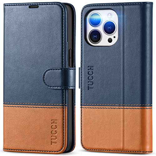 TUCCH Case Wallet for iPhone 13 Pro 6.1", RFID Blocking Folio, Blue & Brown | 3 Card Holders, Kickstand, PU Leather, Magnetic Closure, Shockproof TPU Shell, Protective Flip Cover - color: Dark Blue & Brown