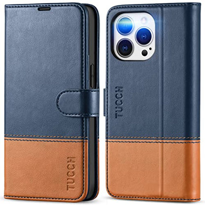 TUCCH Case Wallet for iPhone 13 Pro 6.1", RFID Blocking Folio, Blue & Brown | 3 Card Holders, Kickstand, PU Leather, Magnetic Closure, Shockproof TPU Shell, Protective Flip Cover - color: Dark Blue & Brown