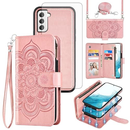 Asuwish Phone Case for Samsung Galaxy S22 5G Zipper Wallet Detachable Cell Cover with Tempered Glass Screen Protector Crossbody Strap Flower Card Holder S 22 22S 4G G5 6.1 inch Women Girls Rose Gold - color: Rose Gold