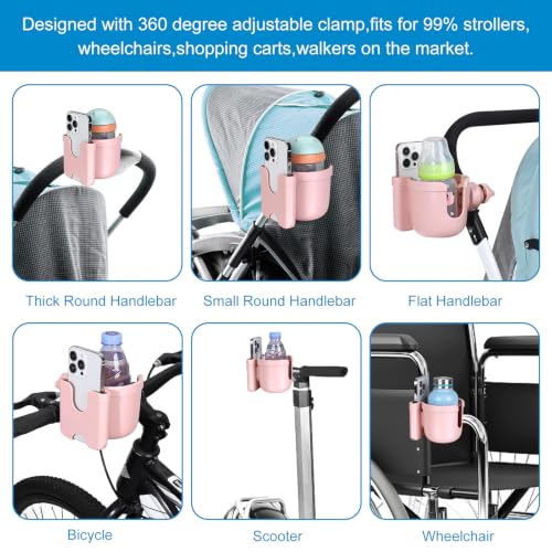 Accmor Stroller Cup Holder with Phone Holder, Bike Cup Holder, Universal Cup Holder for Uppababy Nuna Strollers, 2-in-1 Drinks Holder for Walker, Wheelchair, Scooter - color: All Light Pink Carbon Fiber Texture