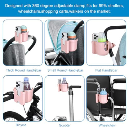 Accmor Stroller Cup Holder with Phone Holder, Bike Cup Holder, Universal Cup Holder for Uppababy Nuna Strollers, 2-in-1 Drinks Holder for Walker, Wheelchair, Scooter - color: All Light Pink Carbon Fiber Texture