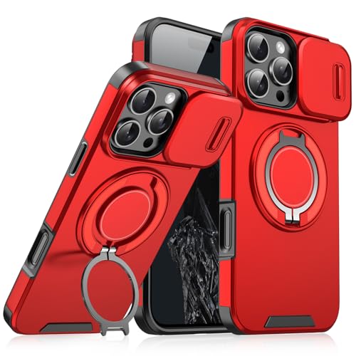 Rugged Shockproof Case for iPhone 17 Pro Max, Heavy Duty Protective Phone Case with Slide Camera Cover, 360° Rotatable Ring Stand & Magnetic Car Mount Compatible (Red,iPhone 17 Pro Max) - color: Red