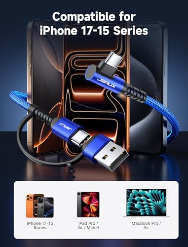 JSAUX 3-in-1 USB C Cable 2-Pack 10FT, 100W Right-Angle Fast Charging, Blue - color: Blue, size: 10FT
