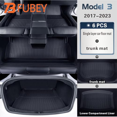 Floor Mats and Cargo Liners for 2017-2023 Tesla Model 3, 6 PCS Model 3 Accseeories Entire Set with Dual-Layer Trunk Liner & Frunk Mat, Precision Custom All-Weather TPE Waterproof - style: Model 3 2017-2023 6PCS