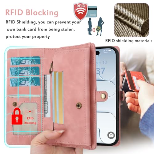 for Wallet Case Compatible with iPhone 17 Air,Multi-Function Detachable 2 in 1 Magnetic iPhone 17 Air Case Wallet,Flip Strap Zipper Card Holder Phone Case with Shoulder Straps (Pink) - color: Pink, size: iPhone 17Air