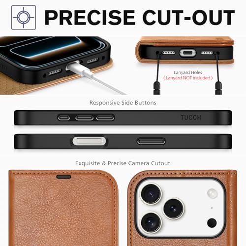TUCCH Case Wallet for iPhone 17 Pro 6.3", RFID Blocking Folio, Light Brown | 4 Card Holders, Kickstand, PU Leather, Magnetic Closure, Shockproof TPU Shell, Protective Flip Cover - color: Textured Light Brown