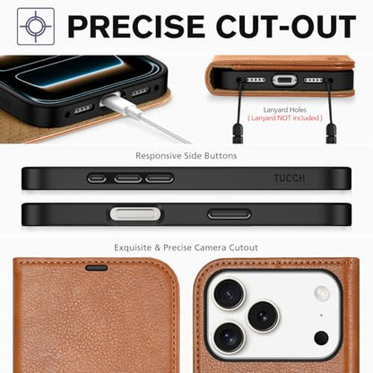 TUCCH Case Wallet for iPhone 17 Pro 6.3", RFID Blocking Folio, Light Brown | 4 Card Holders, Kickstand, PU Leather, Magnetic Closure, Shockproof TPU Shell, Protective Flip Cover - color: Textured Light Brown