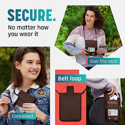 Alpha Keeper Neck Wallet for Travel Man and Women, RFID Passport Holder - color: Brown