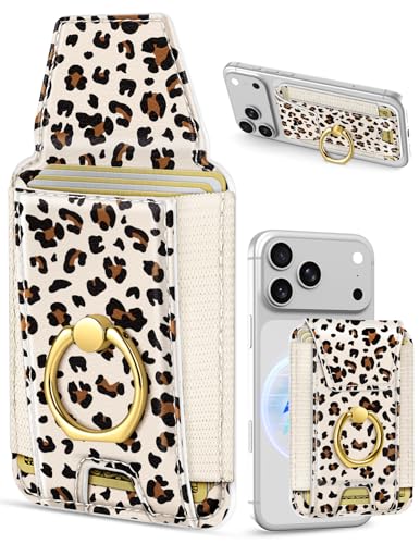 Shorogyt Compatible with Magsafe Wallet with Ring Grip Magnetic Card Holder - Cute Phone Wallets with Stand for iPhone 17/16/15/14/13/12 Series for Women Girls White Leopard Design, Fit 7 Cards - color: White Leopard